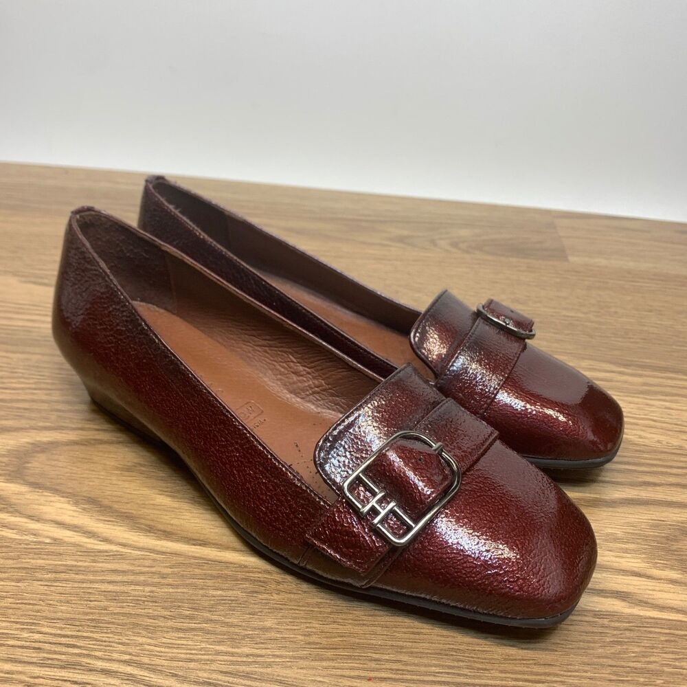 Hispanitas Womens Maroon Patent Leather Loafers Buckle Triflow Gel Insole 38